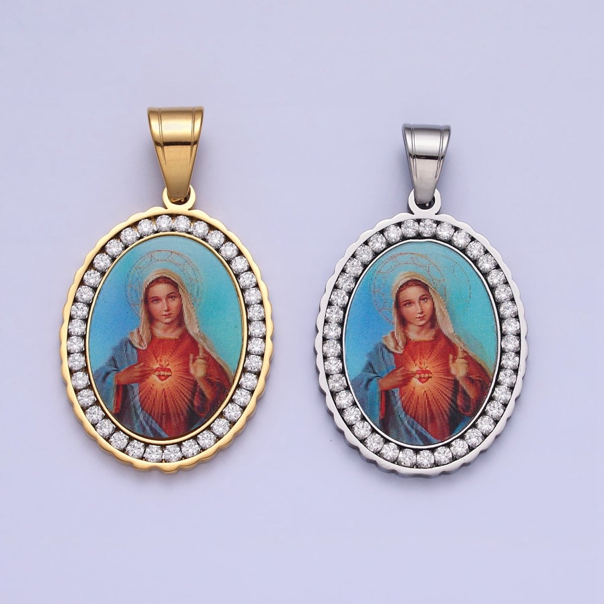Stainless Steel Mother Virgin Mary Sacred Heart Micro Paved CZ Oval Pendant in Gold & Silver Religious Jewelry J-778 J-779 - DLUXCA