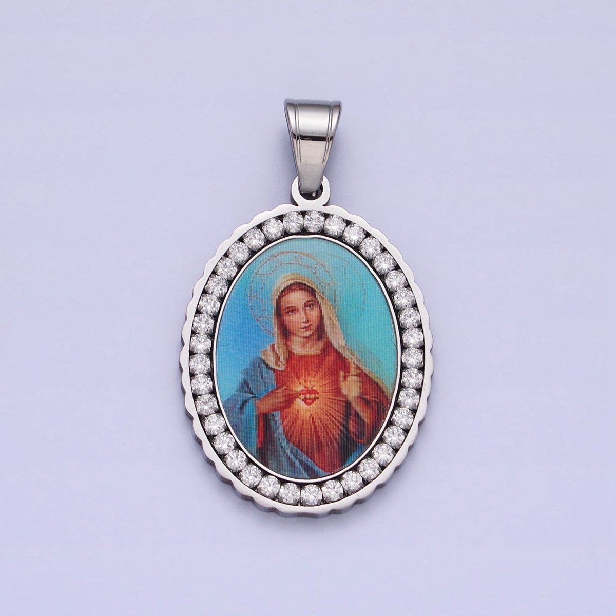 Stainless Steel Mother Virgin Mary Sacred Heart Micro Paved CZ Oval Pendant in Gold & Silver Religious Jewelry J-778 J-779 - DLUXCA