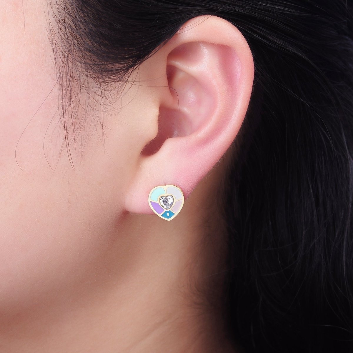 Stainless Steel Multicolor Enamel CZ Heart Stud Earrings | V502 - DLUXCA