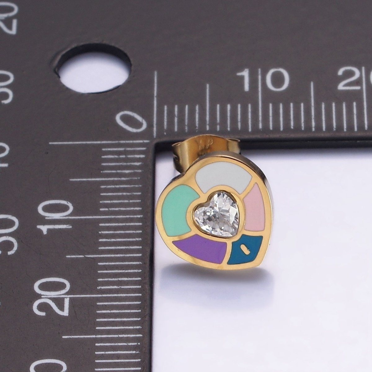 Stainless Steel Multicolor Enamel CZ Heart Stud Earrings | V502 - DLUXCA