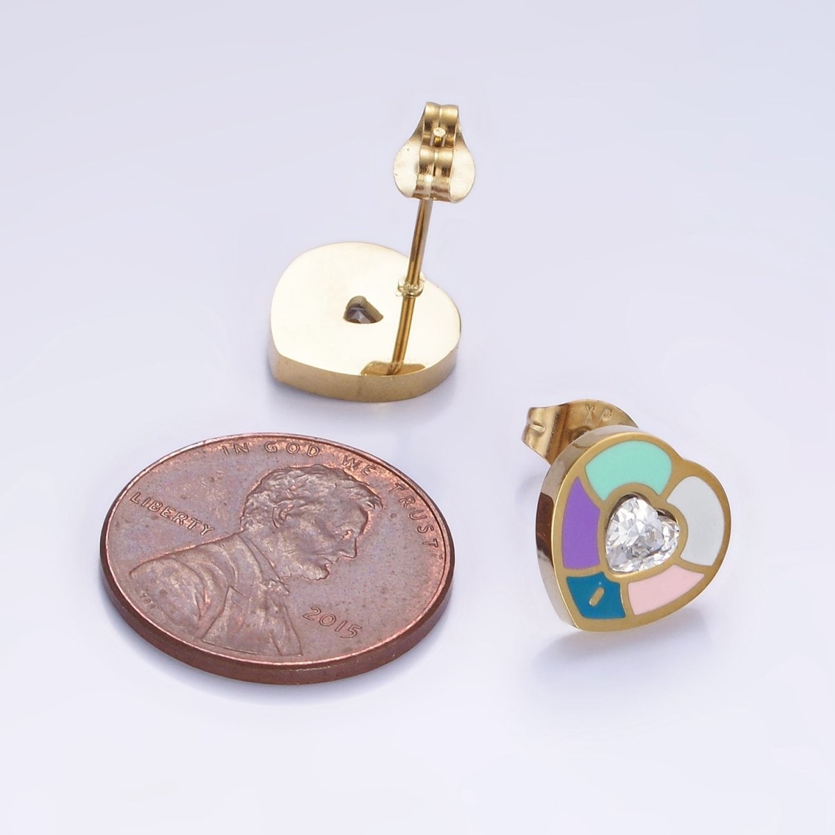 Stainless Steel Multicolor Enamel CZ Heart Stud Earrings | V502 - DLUXCA