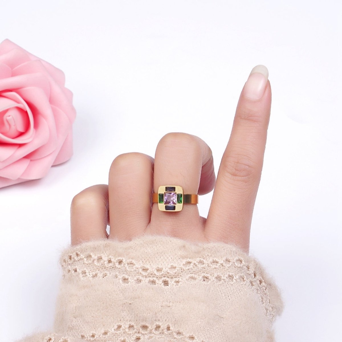 Stainless Steel Multiple Multicolor CZ Baguette Square Ring | O1301 - DLUXCA