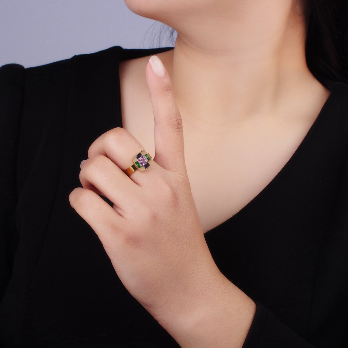 Stainless Steel Multiple Multicolor CZ Baguette Square Ring | O1301 - DLUXCA