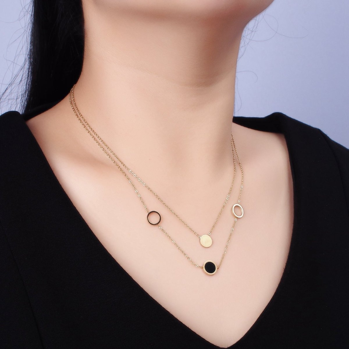 Stainless Steel Multiple Round Circle Open Disc Cable Double Layer Stack Necklace | WA-2054 Clearance Pricing - DLUXCA