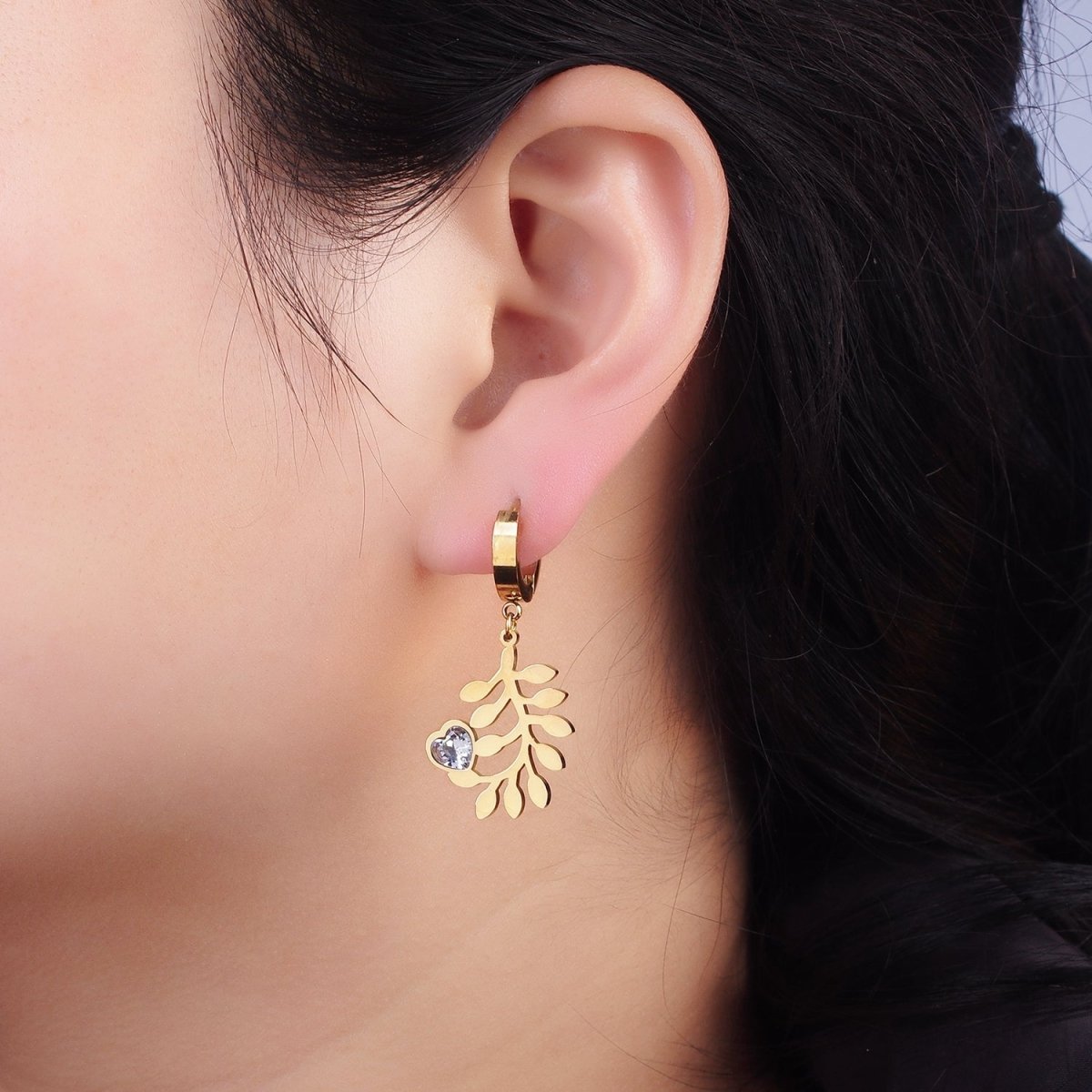 Stainless Steel Olive Leaf Nature Heart CZ Drop Huggie Earrings Set | AE466 - DLUXCA