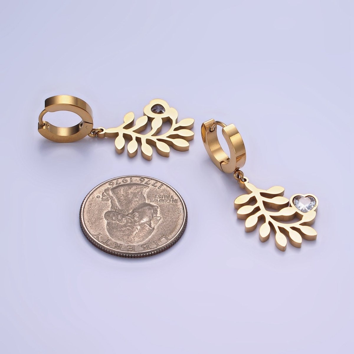 Stainless Steel Olive Leaf Nature Heart CZ Drop Huggie Earrings Set | AE466 - DLUXCA