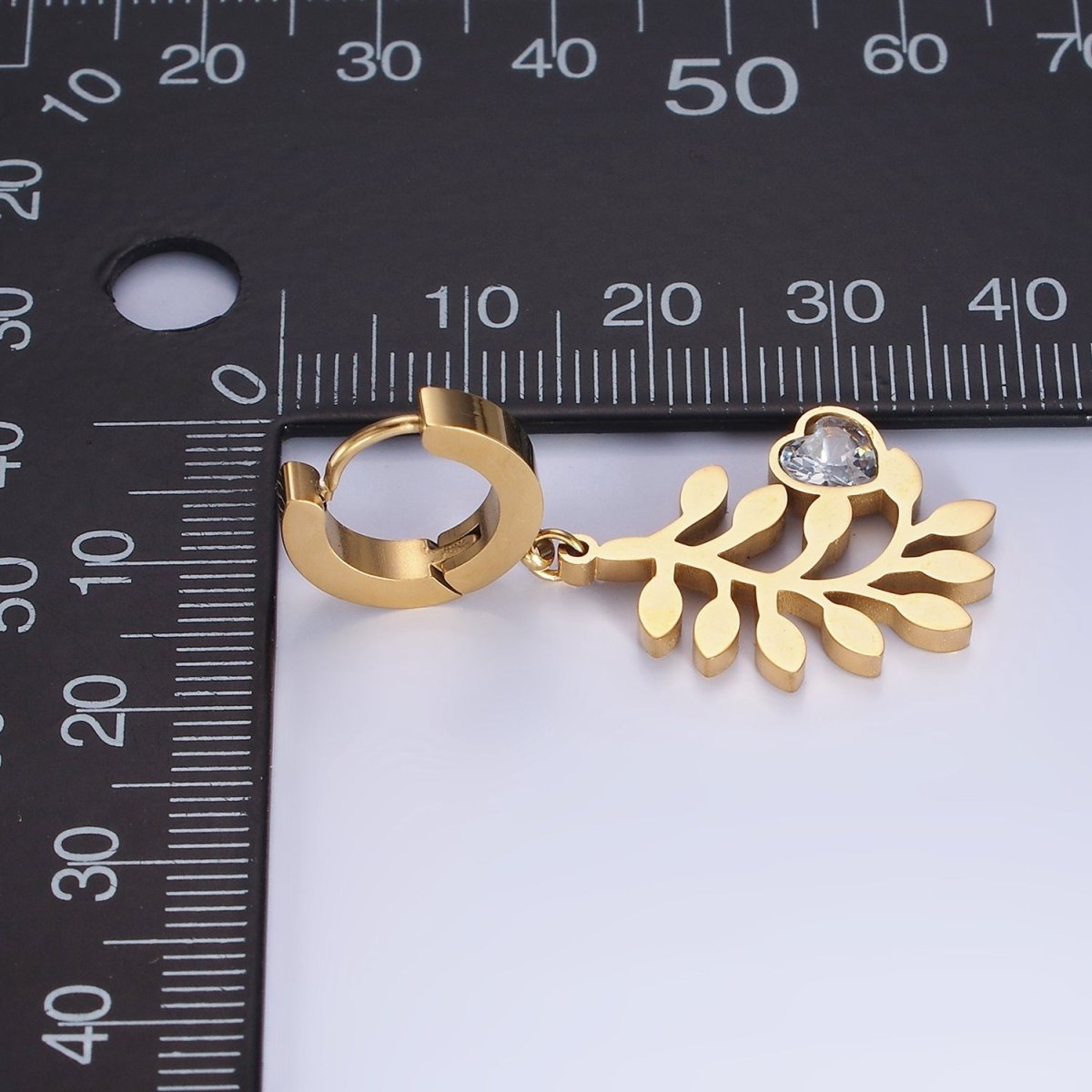 Stainless Steel Olive Leaf Nature Heart CZ Drop Huggie Earrings Set | AE466 - DLUXCA