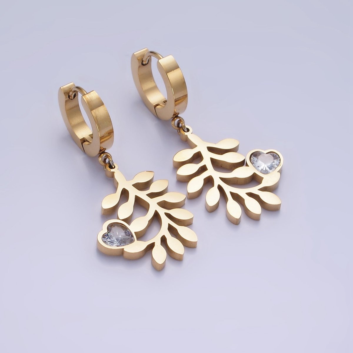 Stainless Steel Olive Leaf Nature Heart CZ Drop Huggie Earrings Set | AE466 - DLUXCA