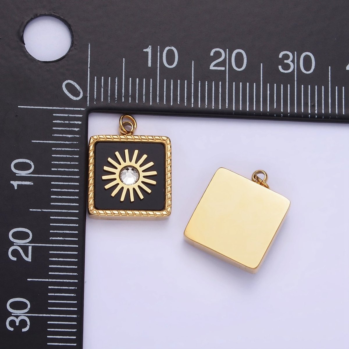Stainless Steel Onyx, Shell Pearl CZ Celestial Sun Square Charm | P947 - DLUXCA
