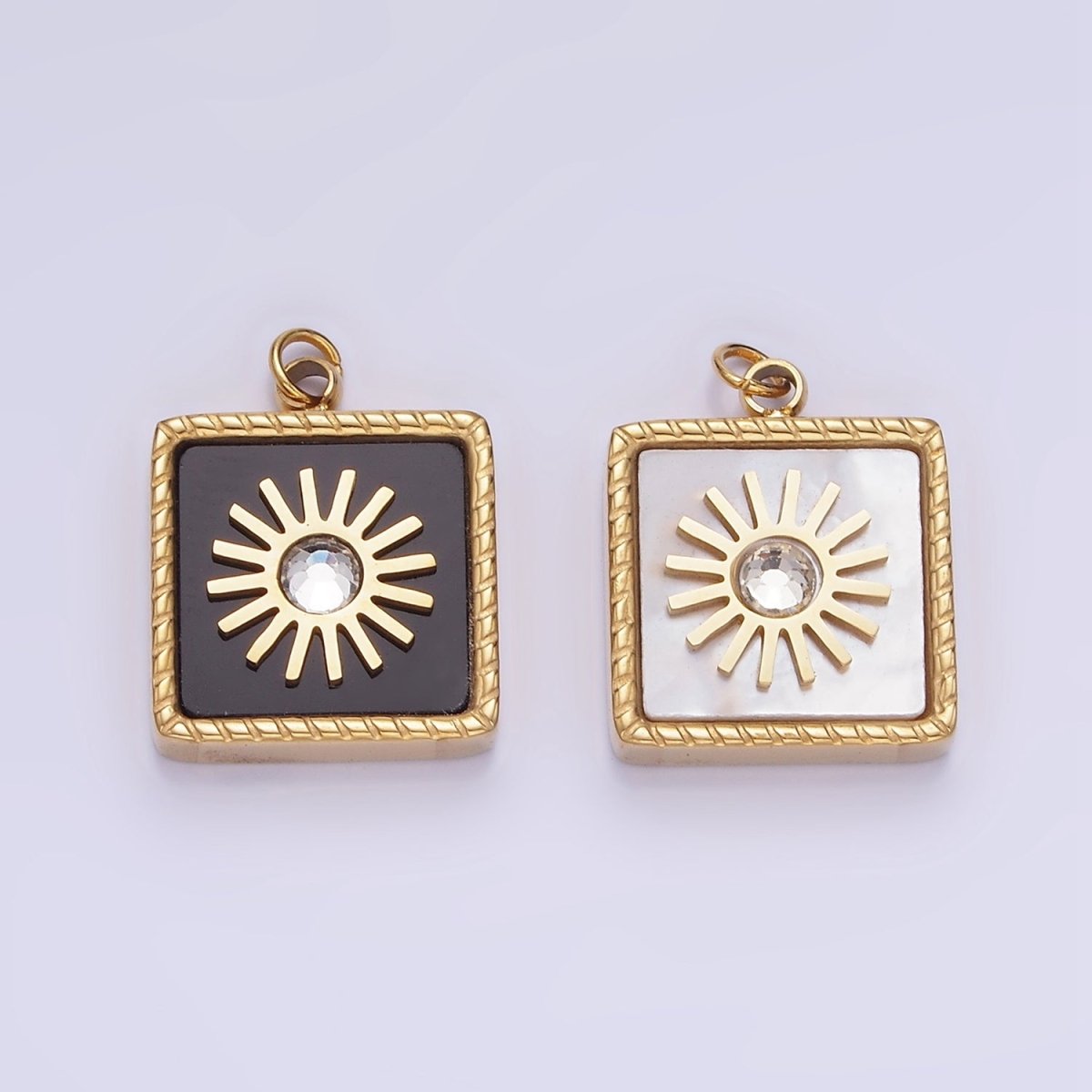 Stainless Steel Onyx, Shell Pearl CZ Celestial Sun Square Charm | P947 - DLUXCA
