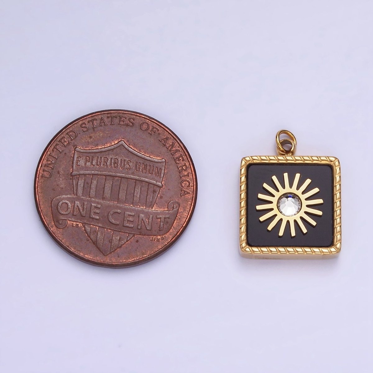 Stainless Steel Onyx, Shell Pearl CZ Celestial Sun Square Charm | P947 - DLUXCA