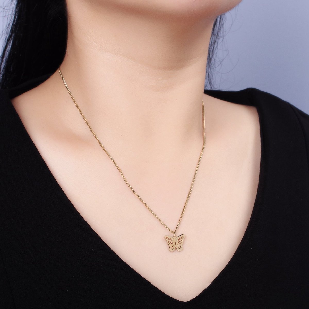 Stainless Steel Open Butterfly Charm 17 Inch Curb Chain Necklace | WA-2047 Clearance Pricing - DLUXCA