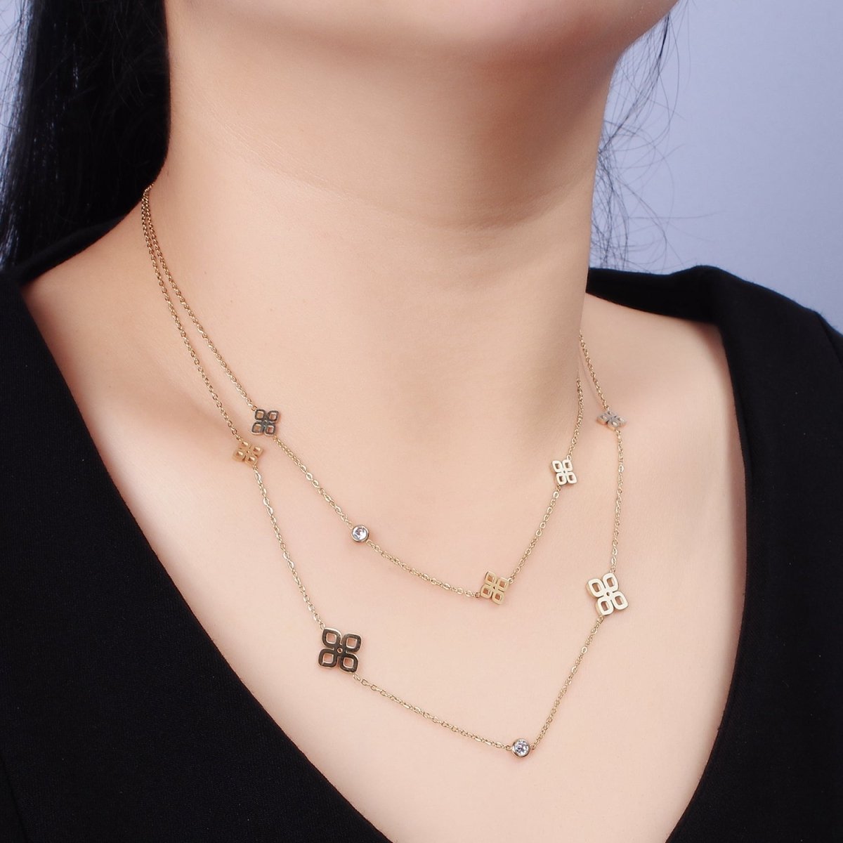 Stainless Steel Open Multiple Quatrefoil Double Clear CZ Cable Double Layer Chain Stack Necklace | WA-2069 Clearance Pricing - DLUXCA