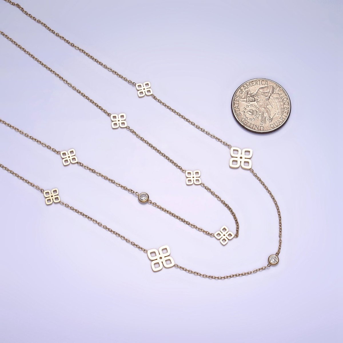 Stainless Steel Open Multiple Quatrefoil Double Clear CZ Cable Double Layer Chain Stack Necklace | WA-2069 Clearance Pricing - DLUXCA