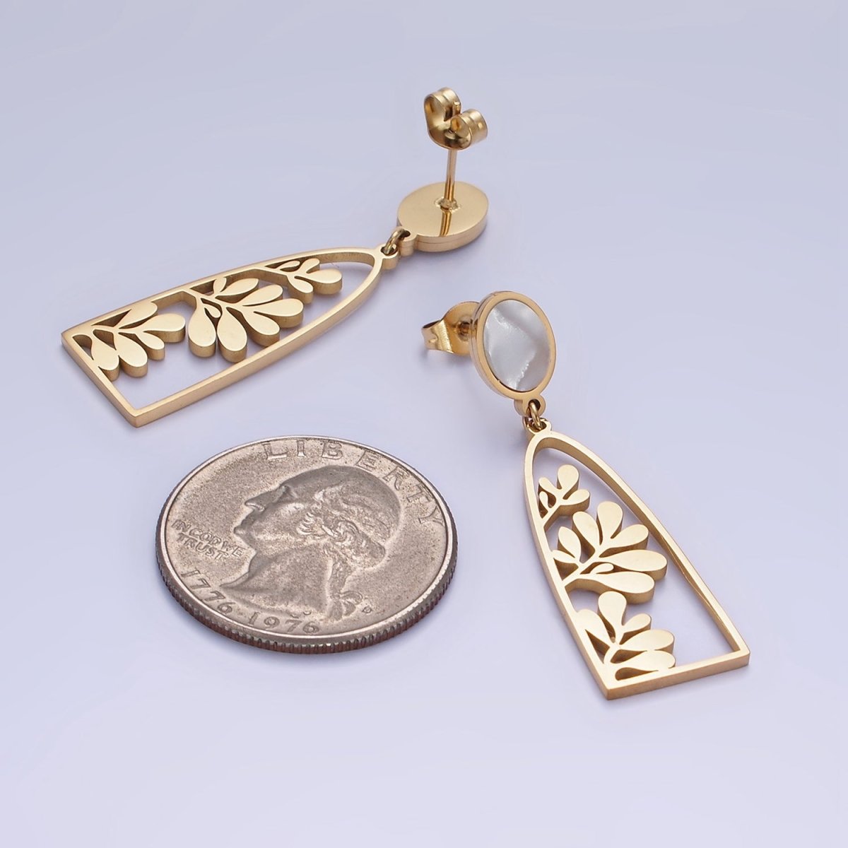 Stainless Steel Open Nature Compound Leaf Shell Pearl Oval Stud Drop Earrings Set | AE461 - DLUXCA