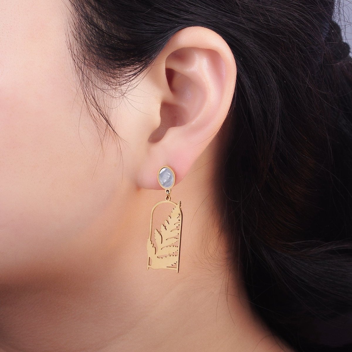 Stainless Steel Open Nature Leaf Shell Pearl Oval Stud Drop Earring Set | AE462 - DLUXCA