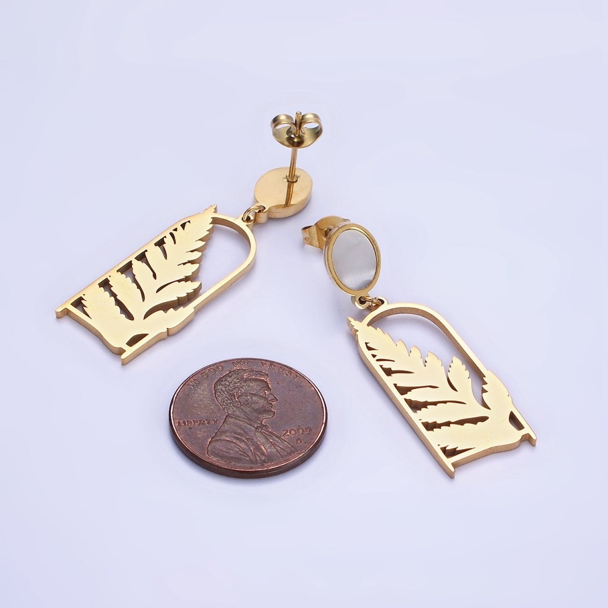 Stainless Steel Open Nature Leaf Shell Pearl Oval Stud Drop Earring Set | AE462 - DLUXCA