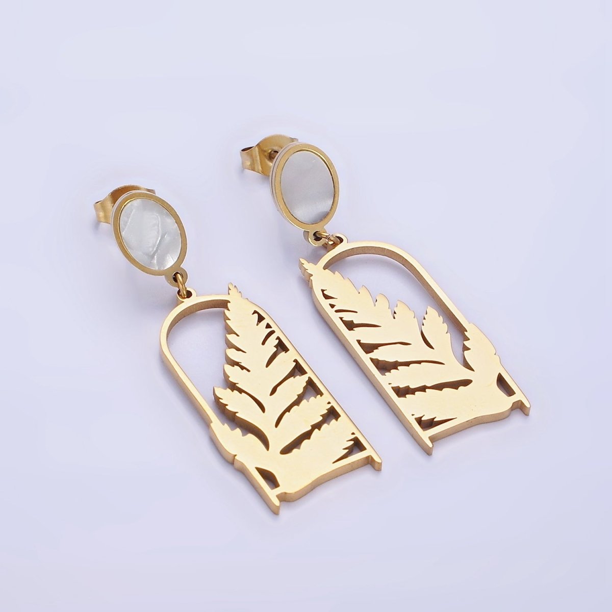 Stainless Steel Open Nature Leaf Shell Pearl Oval Stud Drop Earring Set | AE462 - DLUXCA