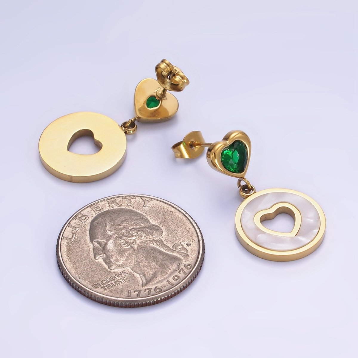 Stainless Steel Open Shell Pearl Heart Pink, Green CZ Drop Stud Earrings | AE473 AE474 - DLUXCA