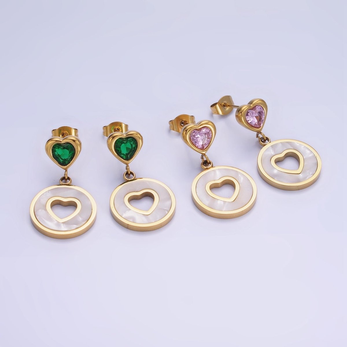 Stainless Steel Open Shell Pearl Heart Pink, Green CZ Drop Stud Earrings | AE473 AE474 - DLUXCA