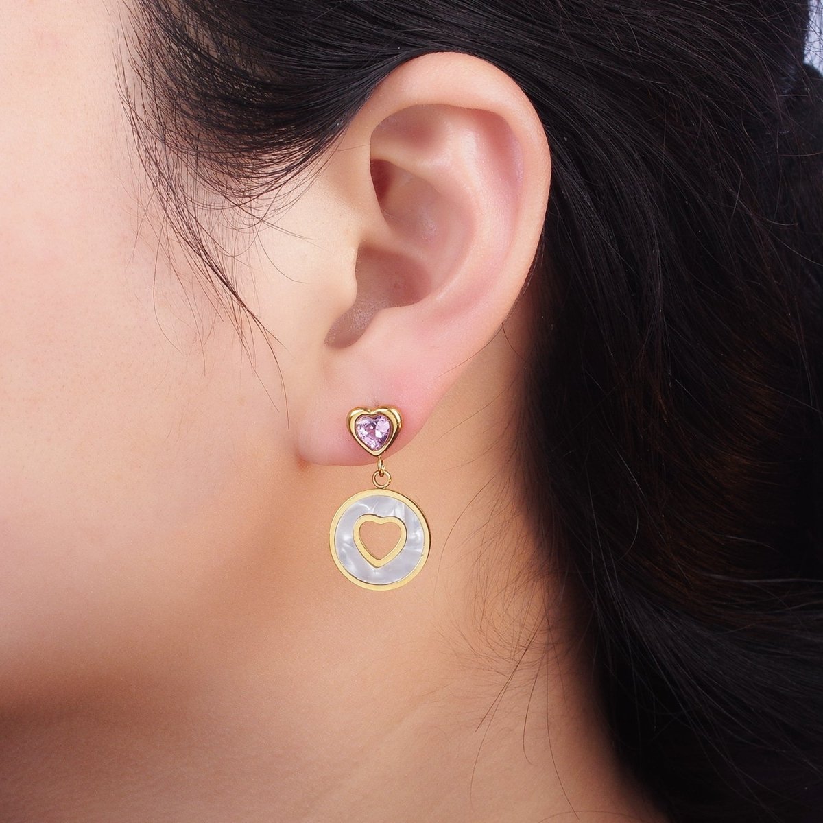 Stainless Steel Open Shell Pearl Heart Pink, Green CZ Drop Stud Earrings | AE473 AE474 - DLUXCA