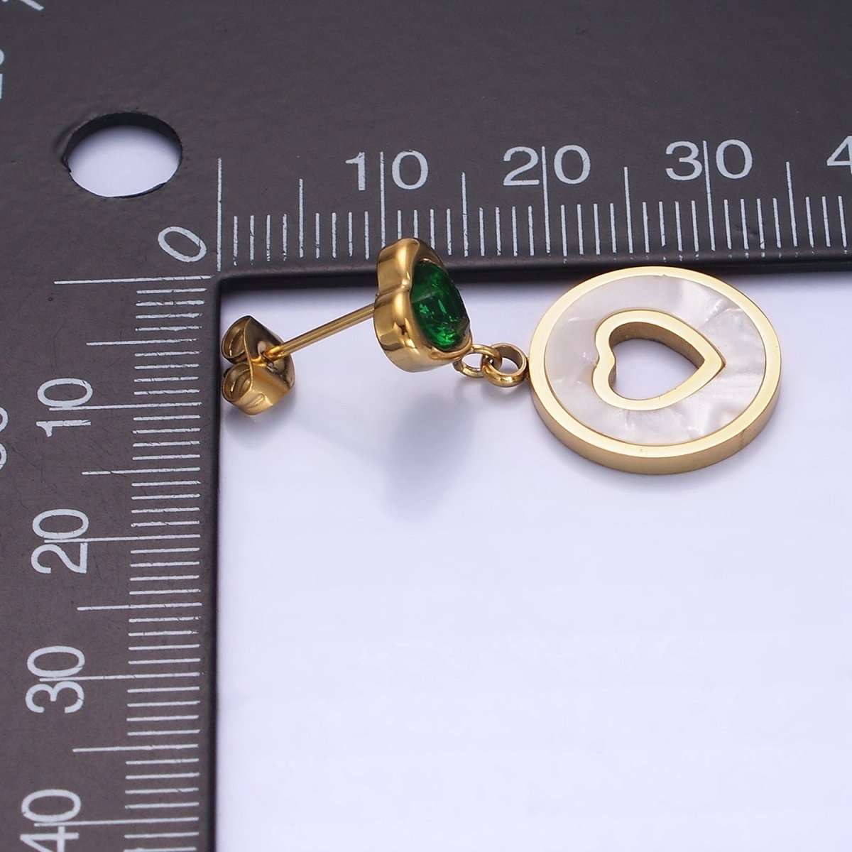 Stainless Steel Open Shell Pearl Heart Pink, Green CZ Drop Stud Earrings | AE473 AE474 - DLUXCA