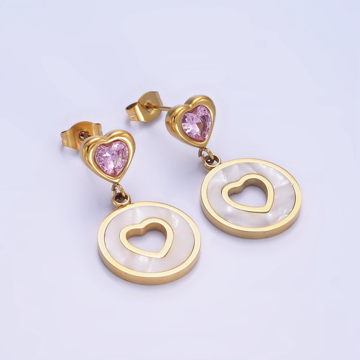 Stainless Steel Open Shell Pearl Heart Pink, Green CZ Drop Stud Earrings | AE473 AE474 - DLUXCA