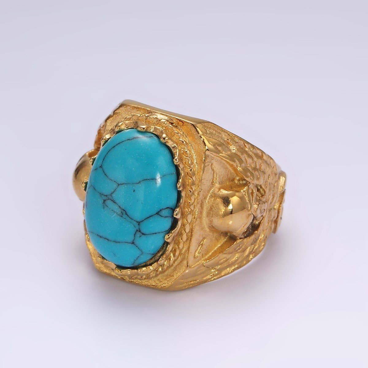 Stainless Steel Oval Turquoise Gemstone Molten Skull Signet Ring in Gold & Black | O1216 - O1221 - DLUXCA