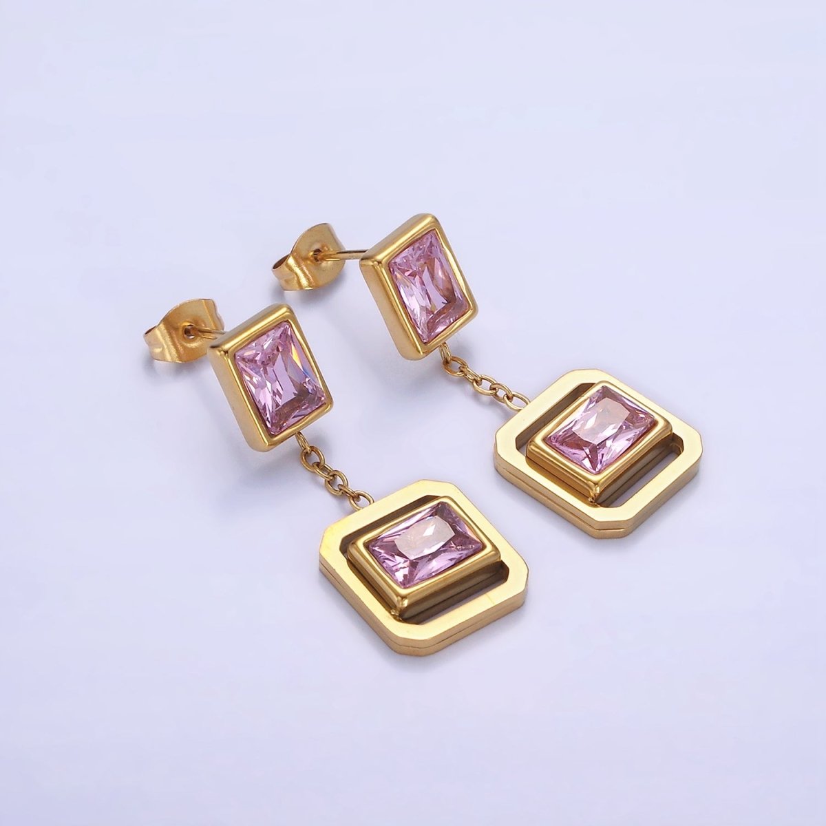 Stainless Steel Pink CZ Baguette Open Edged Square Bezel Drop Stud Earrings | AE453 - DLUXCA