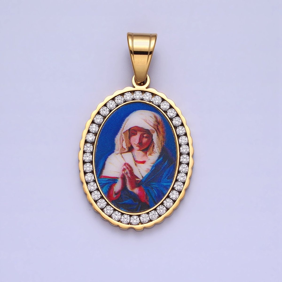 Stainless Steel Praying Lady Mary Blue Micro Paved CZ Oval Pendant in Gold & Silver Religious Jewelry J-780 J-781 - DLUXCA