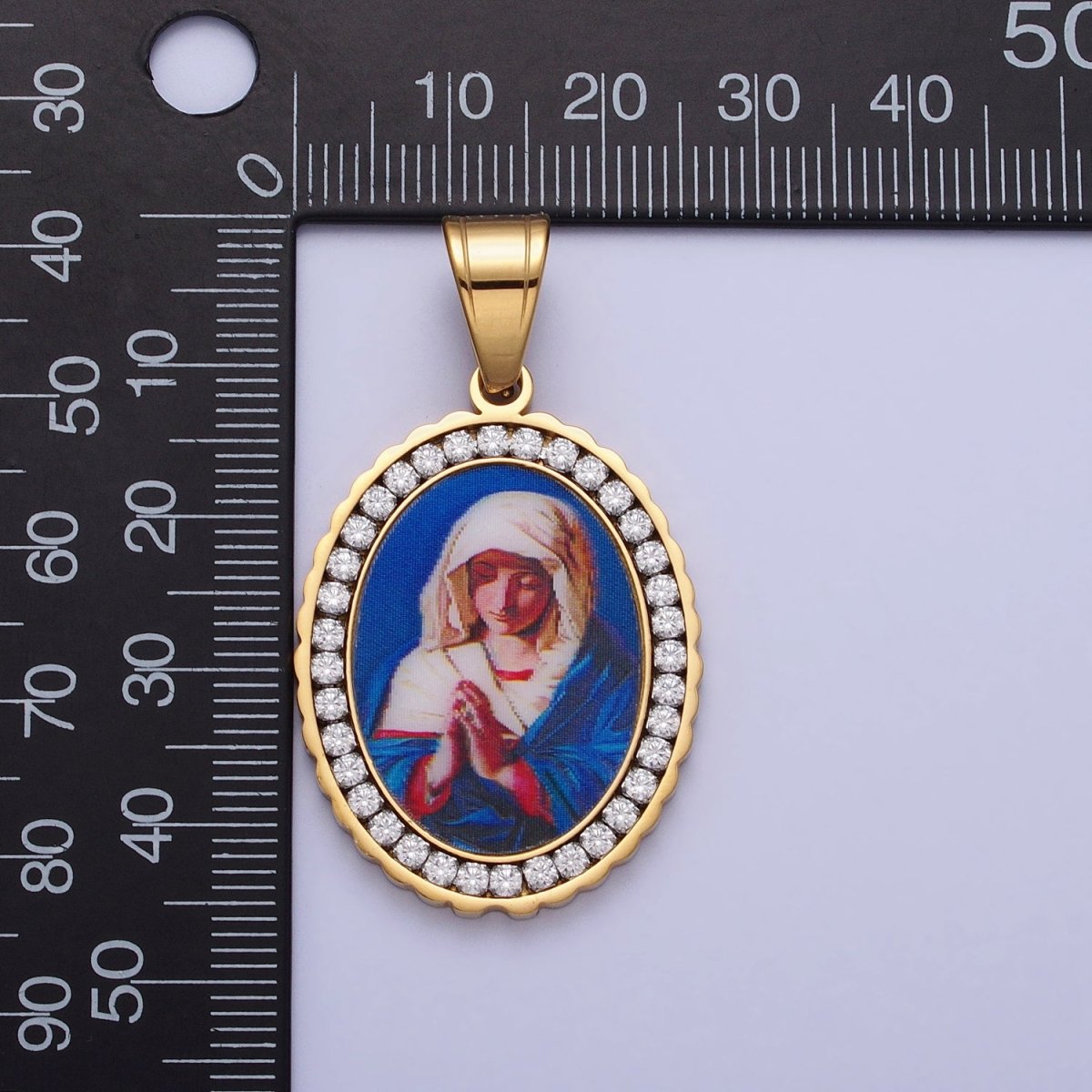 Stainless Steel Praying Lady Mary Blue Micro Paved CZ Oval Pendant in Gold & Silver Religious Jewelry J-780 J-781 - DLUXCA