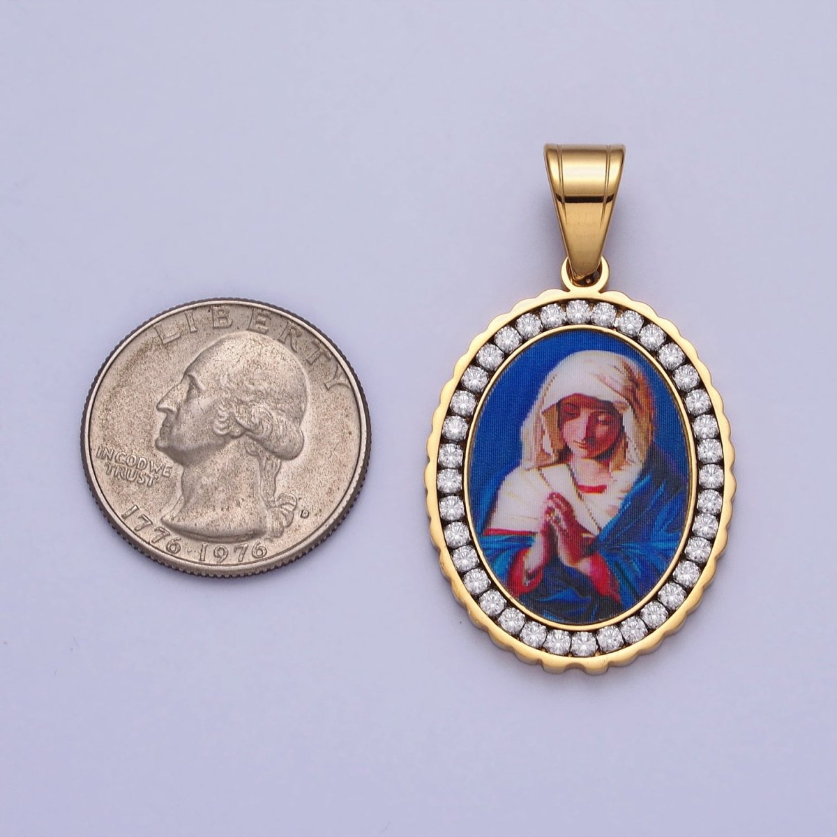 Stainless Steel Praying Lady Mary Blue Micro Paved CZ Oval Pendant in Gold & Silver Religious Jewelry J-780 J-781 - DLUXCA