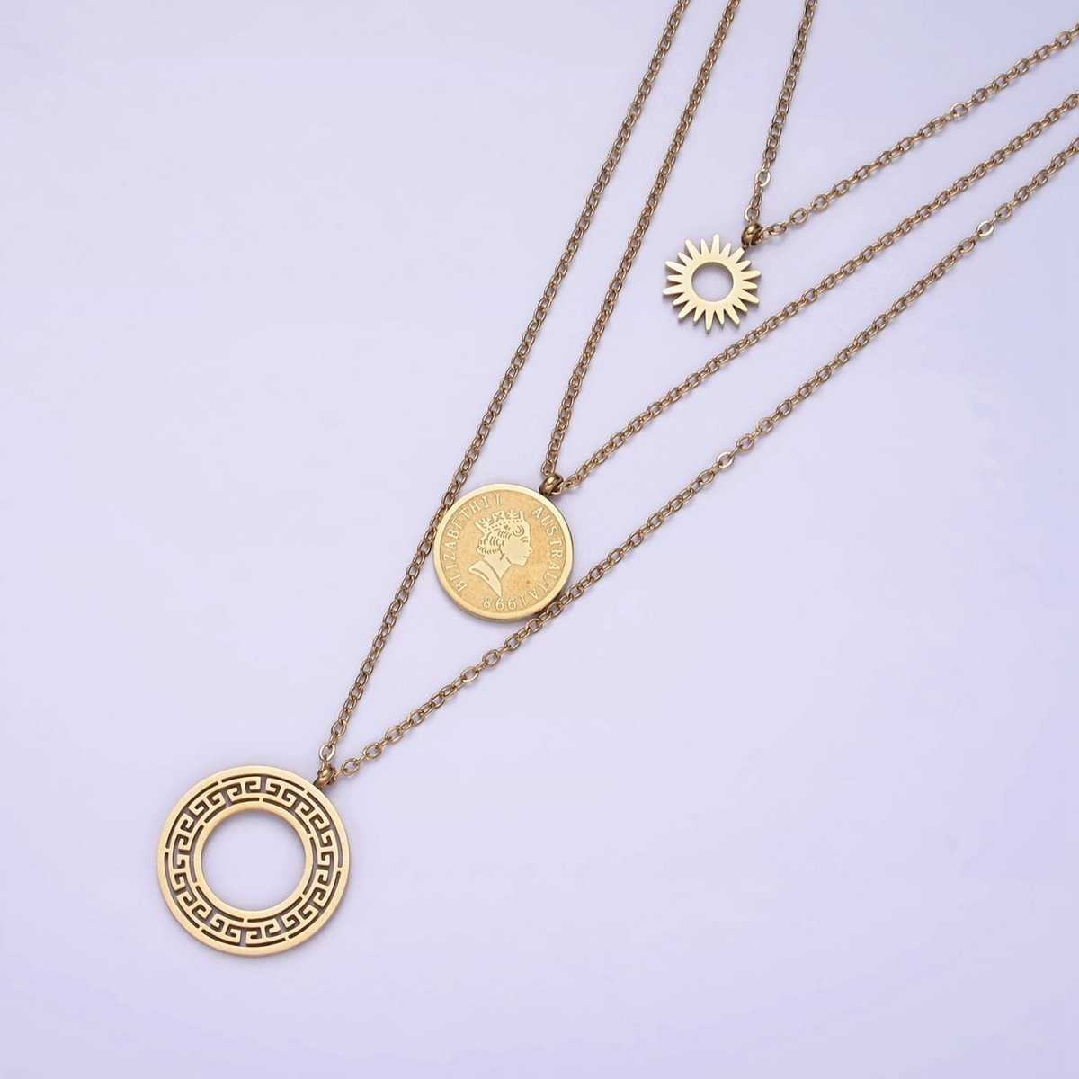 Stainless Steel Queen Elizabeth Triple Round Sun Artisan Coin Triple Layer Chain Stack Necklace | WA-2050 Clearance Pricing - DLUXCA