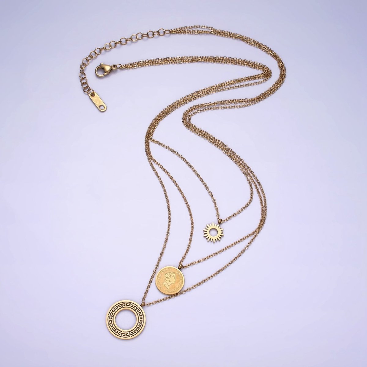 Stainless Steel Queen Elizabeth Triple Round Sun Artisan Coin Triple Layer Chain Stack Necklace | WA-2050 Clearance Pricing - DLUXCA
