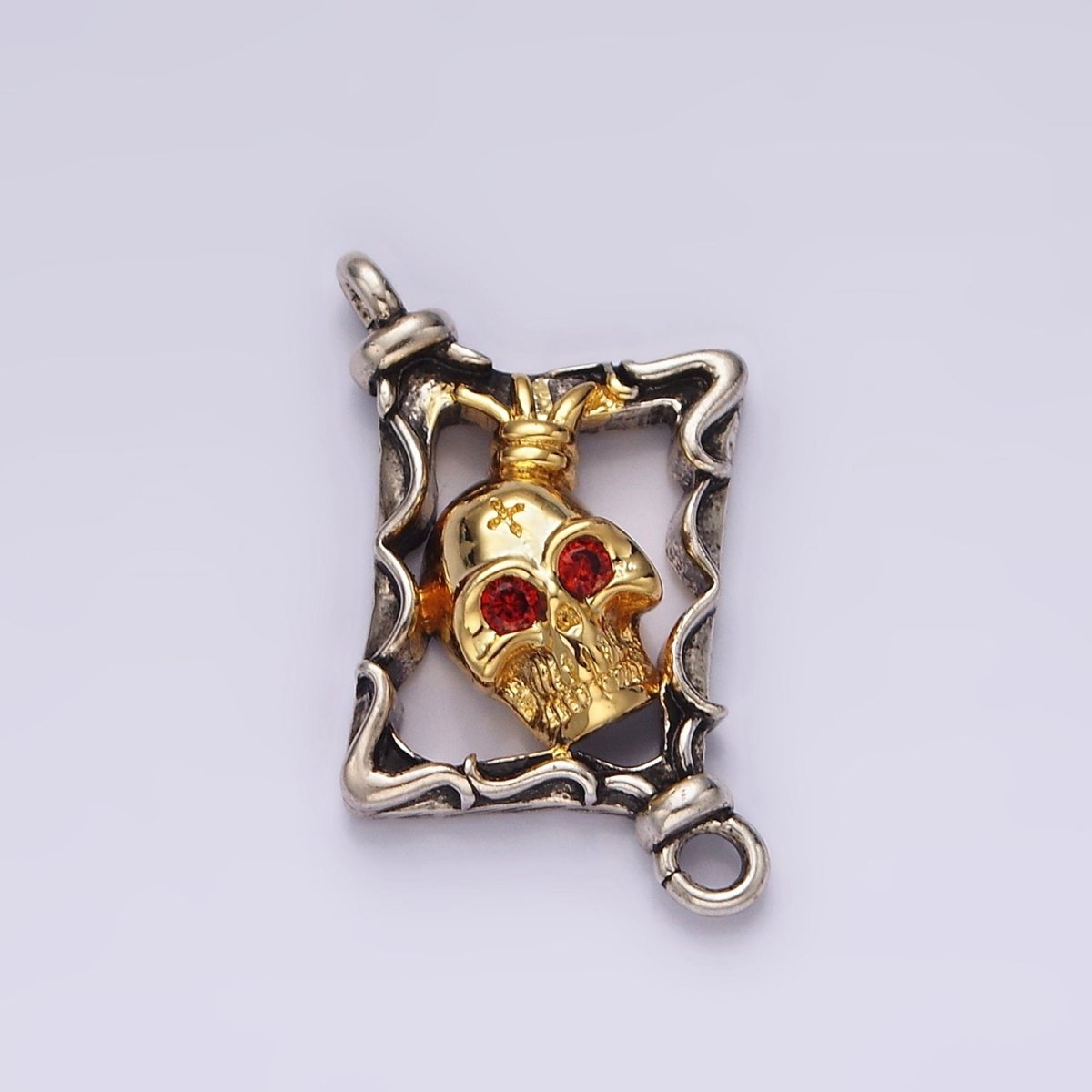 Stainless Steel Red CZ Skull Skeleton Open Abstract Rhombus Mixed Metal Connector | P-673 - DLUXCA
