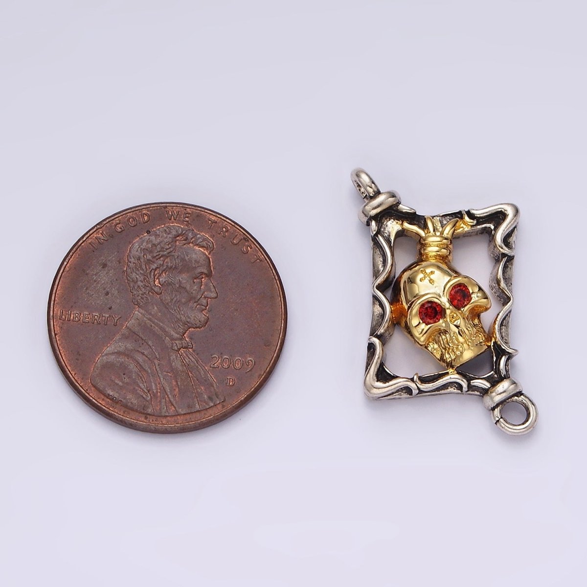 Stainless Steel Red CZ Skull Skeleton Open Abstract Rhombus Mixed Metal Connector | P-673 - DLUXCA