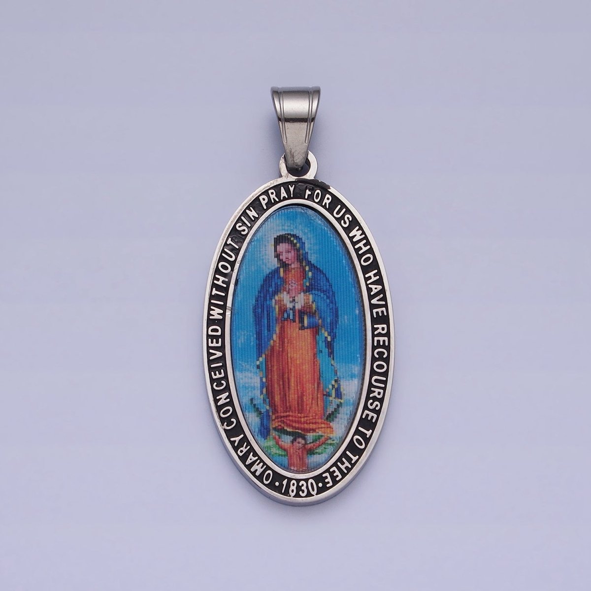 Stainless Steel Religious Mother Virgin Mary Prayer Inscription Oval Pendant in Gold & Silver J-773 J-776 - DLUXCA