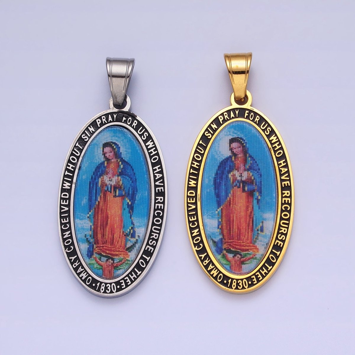 Stainless Steel Religious Mother Virgin Mary Prayer Inscription Oval Pendant in Gold & Silver J-773 J-776 - DLUXCA