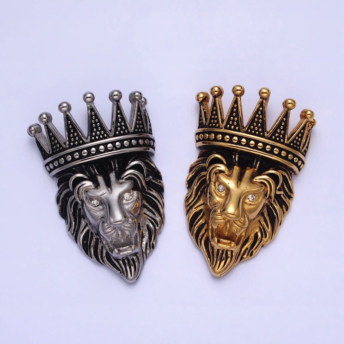 Stainless Steel Roaring Crowned Lion Animal King Pendant in God & Silver J-761 J-762 - DLUXCA