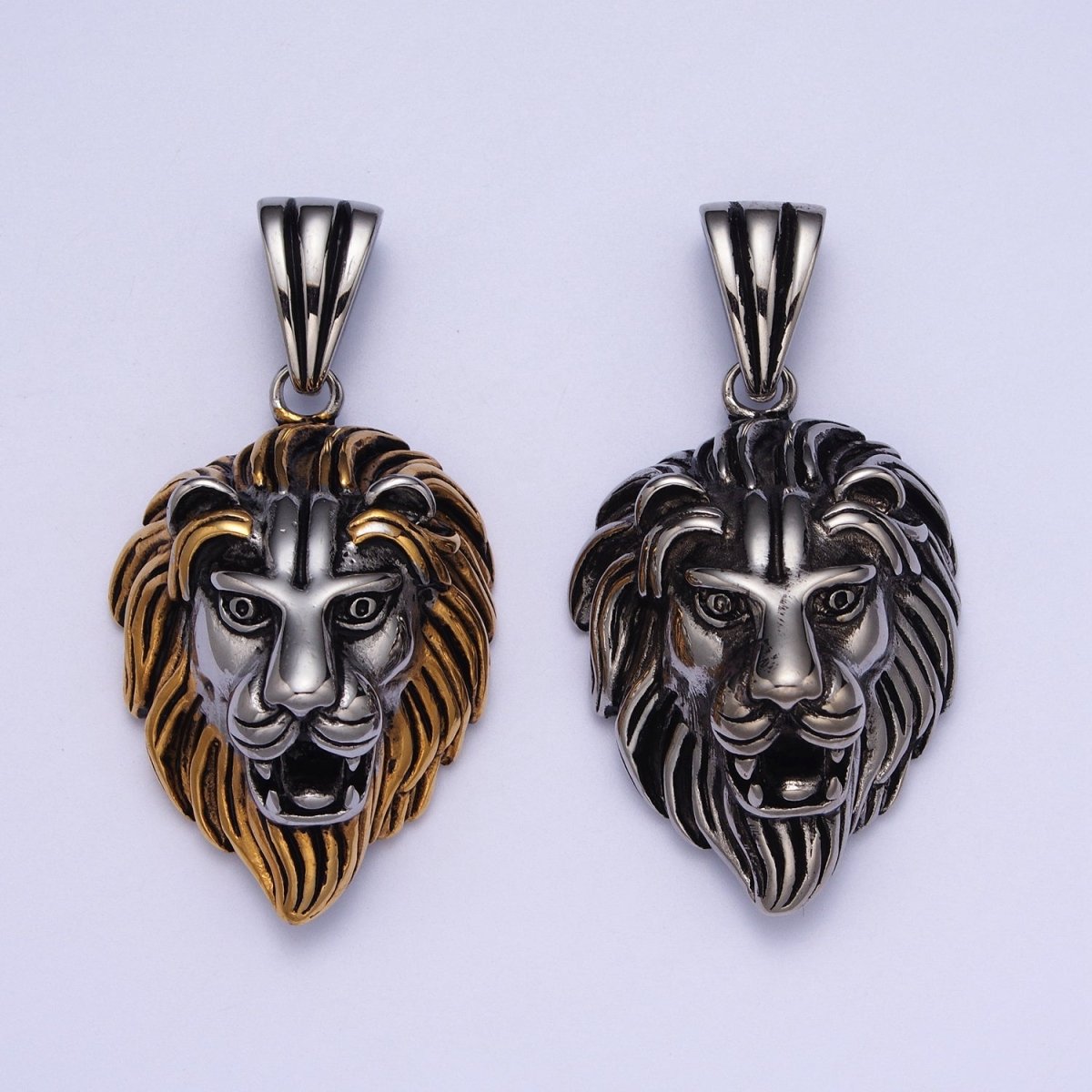 Stainless Steel Roaring Lion Forest King Head Animal Pendant in Gold & Silver J-455 J-457 - DLUXCA