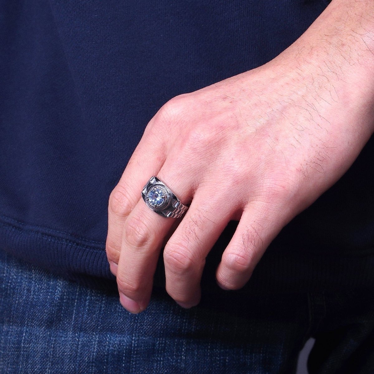 Stainless Steel Round Clear CZ Solitaire Checkered Signet Ring in Gold & Silver | O-1954 O-1955 O-1956 O-1957 - DLUXCA