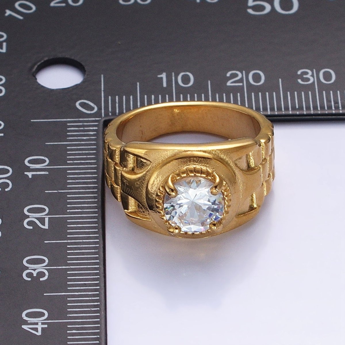 Stainless Steel Round Clear CZ Solitaire Checkered Signet Ring in Gold & Silver | O-1954 O-1955 O-1956 O-1957 - DLUXCA