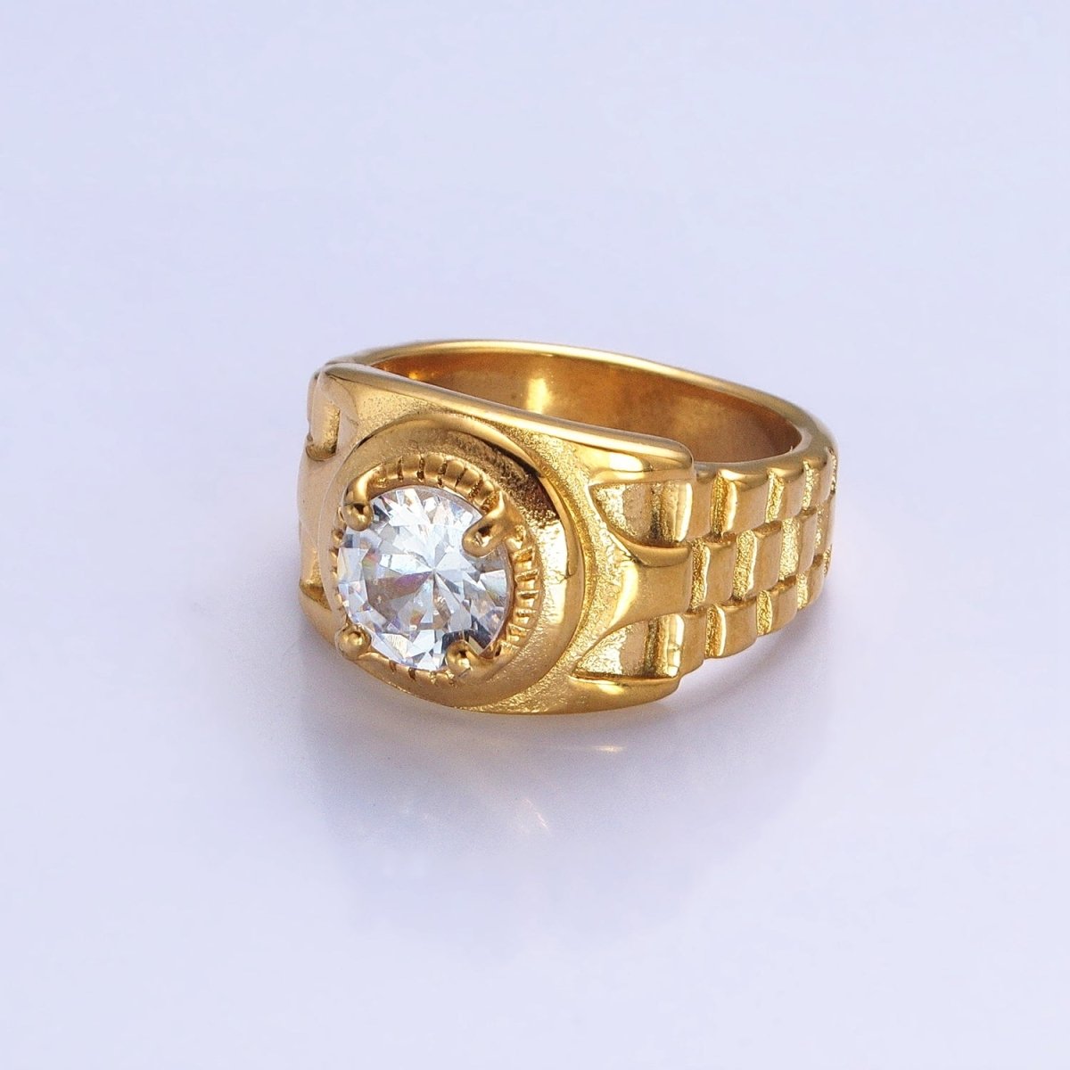 Stainless Steel Round Clear CZ Solitaire Checkered Signet Ring in Gold & Silver | O-1954 O-1955 O-1956 O-1957 - DLUXCA