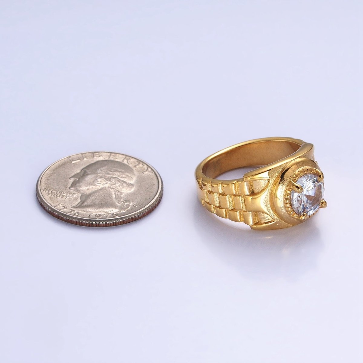 Stainless Steel Round Clear CZ Solitaire Checkered Signet Ring in Gold & Silver | O-1954 O-1955 O-1956 O-1957 - DLUXCA