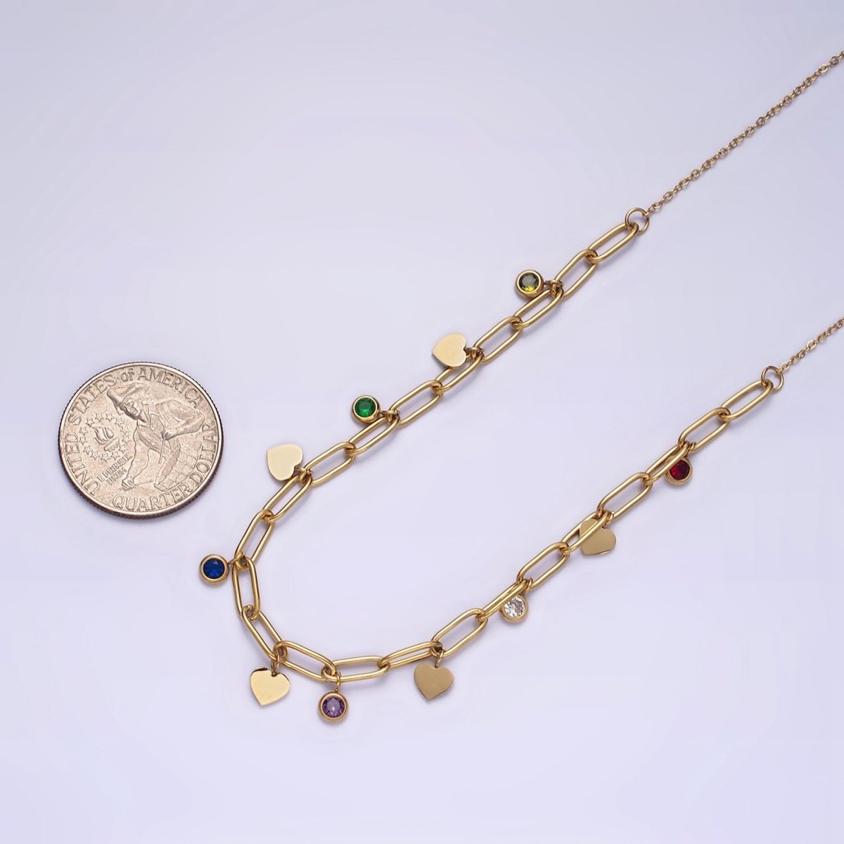 Stainless Steel Round Multicolor CZ Disc Heart Half Paperclip Cable 17 Inch Chain Necklace | WA-2064 Clearance Pricing - DLUXCA