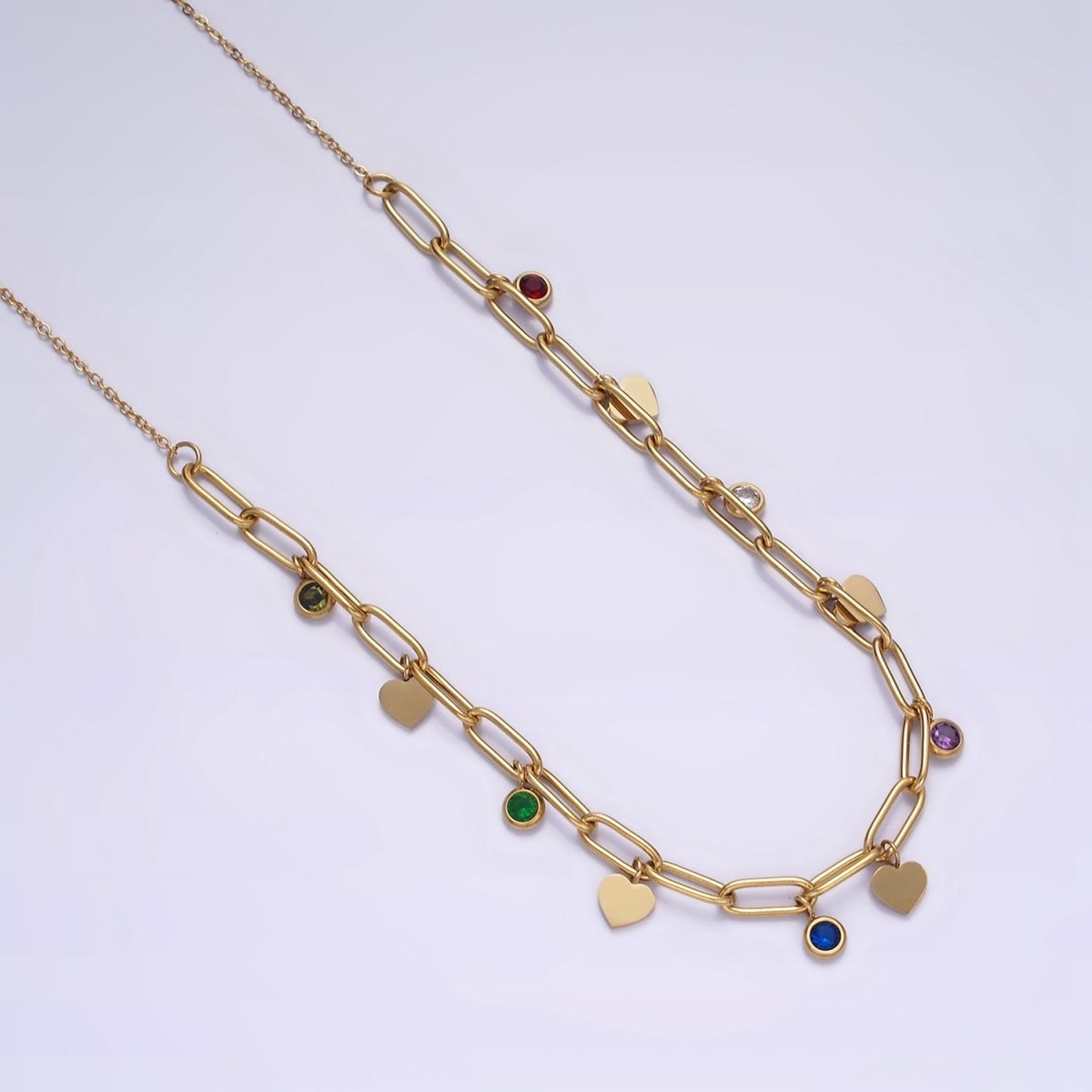 Stainless Steel Round Multicolor CZ Disc Heart Half Paperclip Cable 17 Inch Chain Necklace | WA-2064 Clearance Pricing - DLUXCA