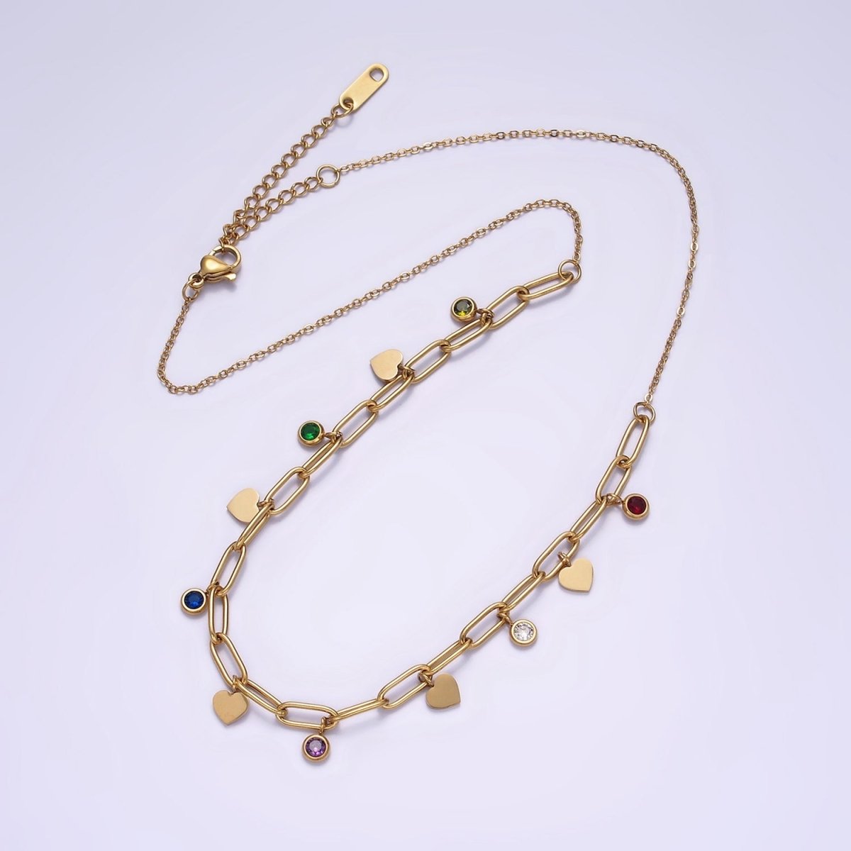 Stainless Steel Round Multicolor CZ Disc Heart Half Paperclip Cable 17 Inch Chain Necklace | WA-2064 Clearance Pricing - DLUXCA