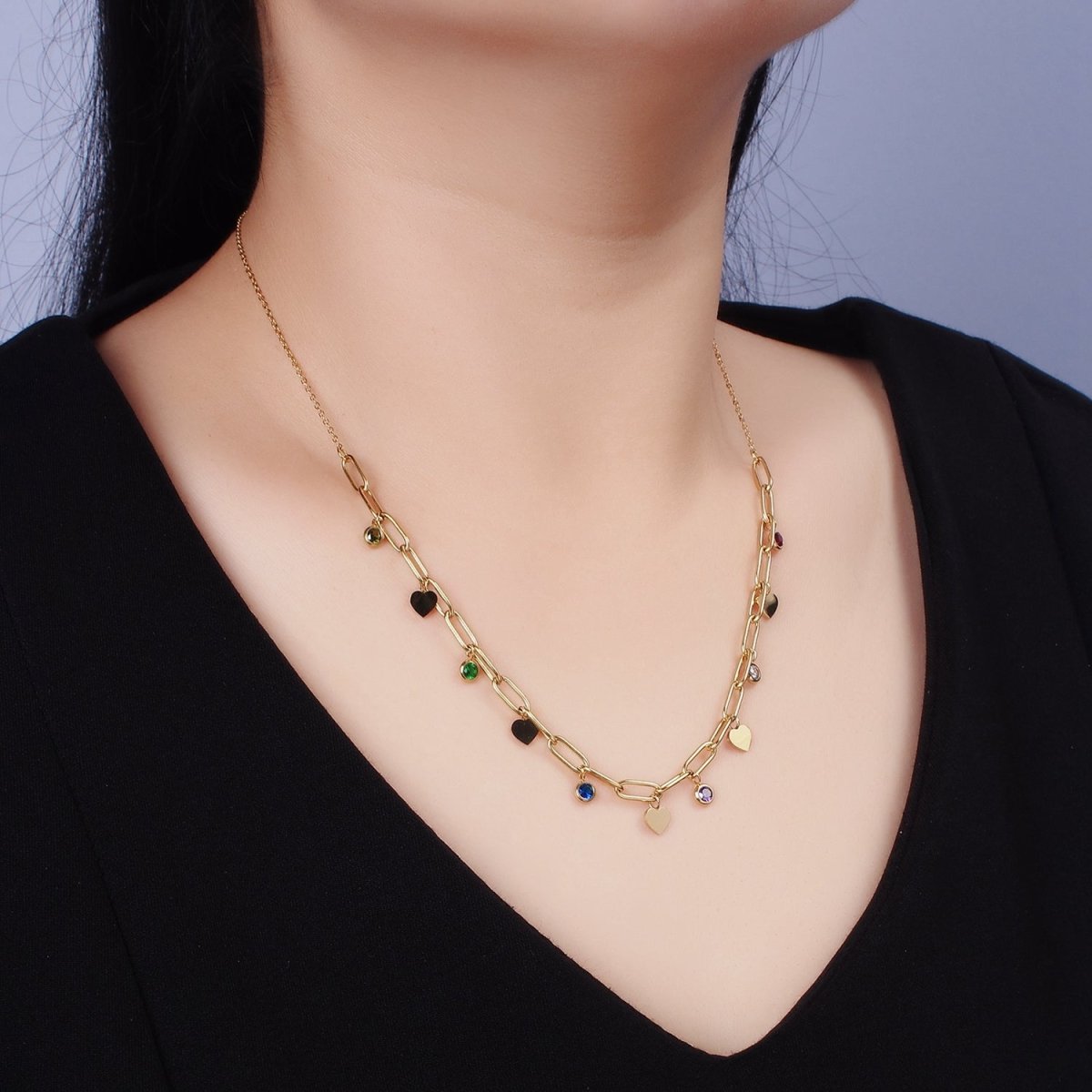 Stainless Steel Round Multicolor CZ Disc Heart Half Paperclip Cable 17 Inch Chain Necklace | WA-2064 Clearance Pricing - DLUXCA