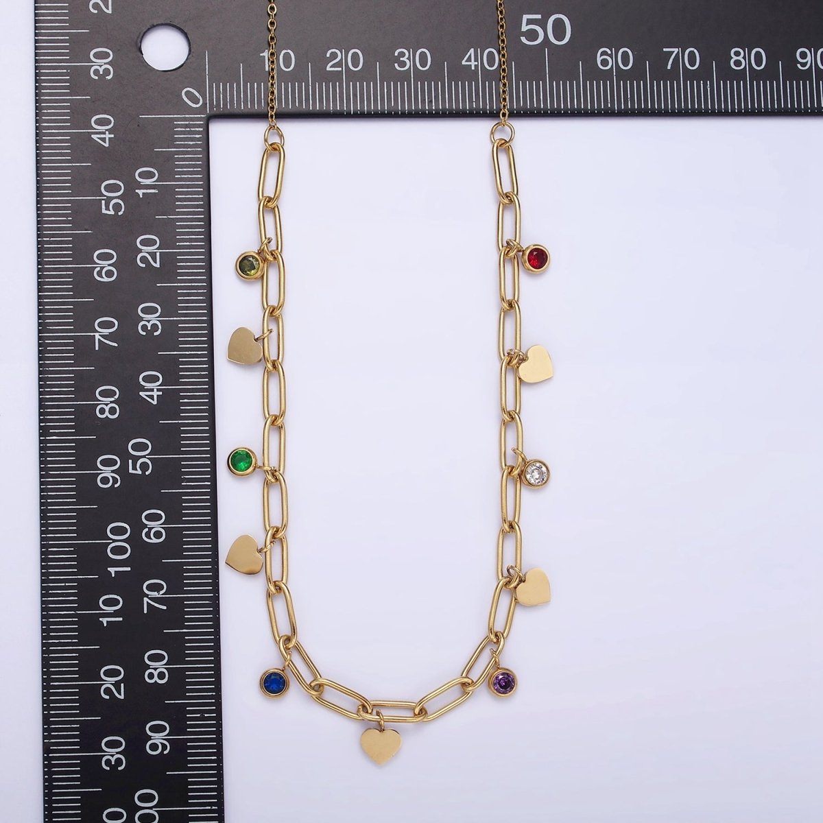 Stainless Steel Round Multicolor CZ Disc Heart Half Paperclip Cable 17 Inch Chain Necklace | WA-2064 Clearance Pricing - DLUXCA