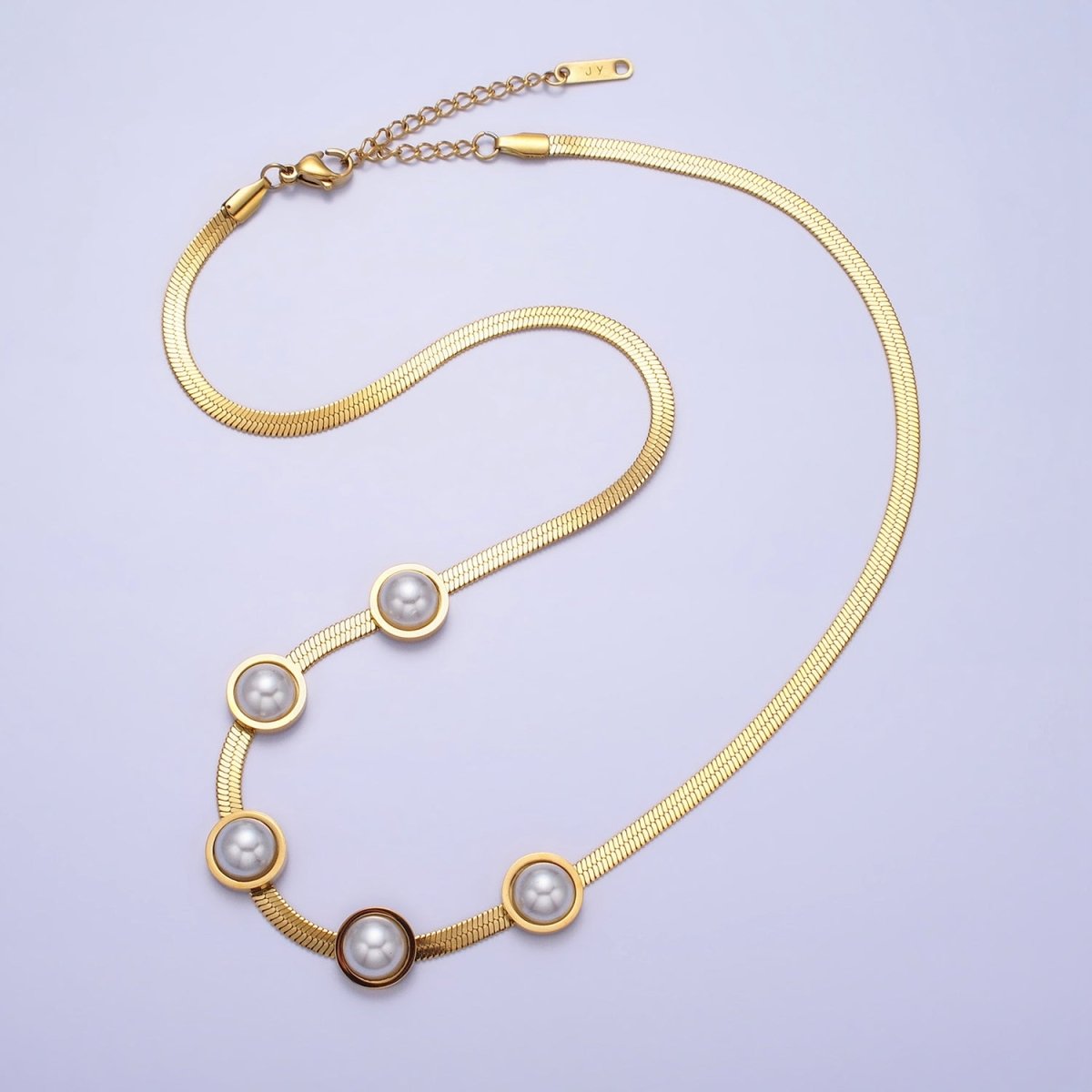 Stainless Steel Rounded Pearl 3mm Herringbone Snake 16 Inch Choker Geometric Chain Necklace | WA-1630 Clearance Pricing - DLUXCA